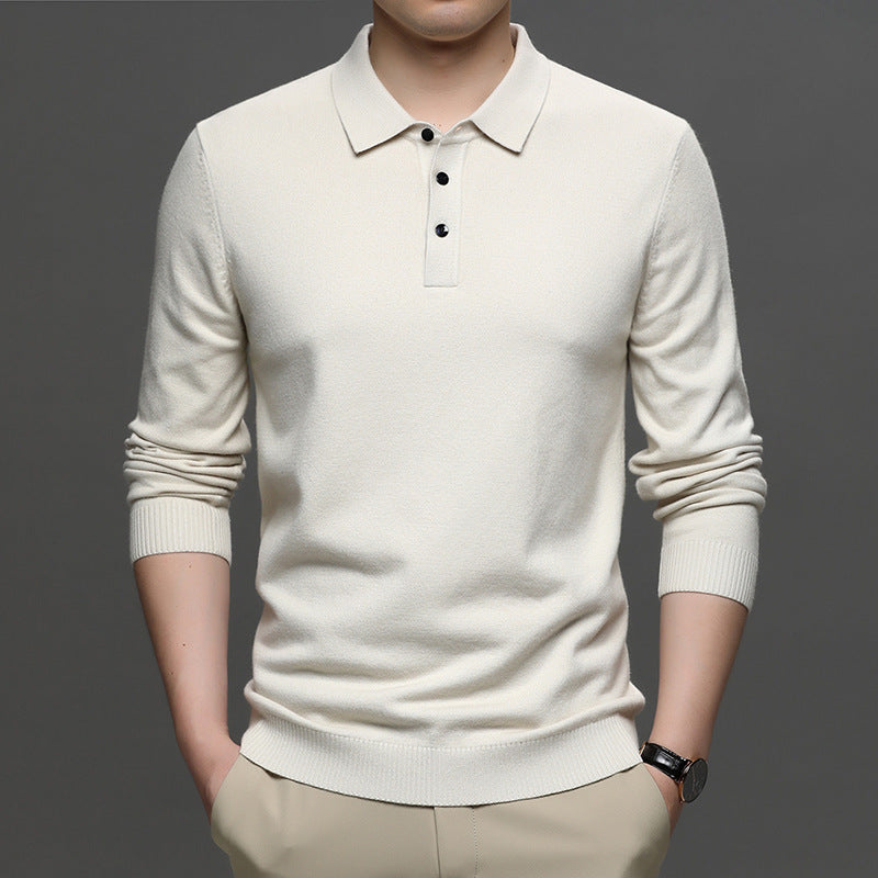 Middle-aged Casual Bottoming Shirt New Solid Color Basic Loose Pullover Sweater Men's Thin Lapel Sweater