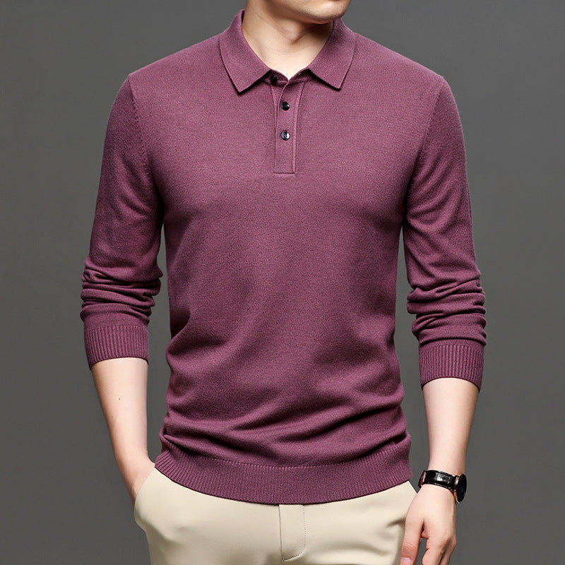 Middle-aged Casual Bottoming Shirt New Solid Color Basic Loose Pullover Sweater Men's Thin Lapel Sweater
