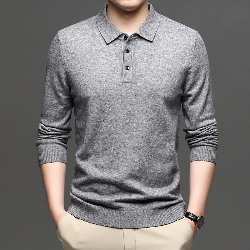 Middle-aged Casual Bottoming Shirt New Solid Color Basic Loose Pullover Sweater Men's Thin Lapel Sweater