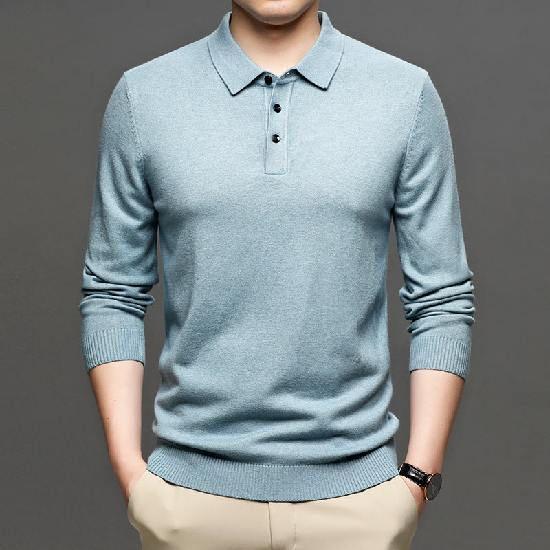 Middle-aged Casual Bottoming Shirt New Solid Color Basic Loose Pullover Sweater Men's Thin Lapel Sweater