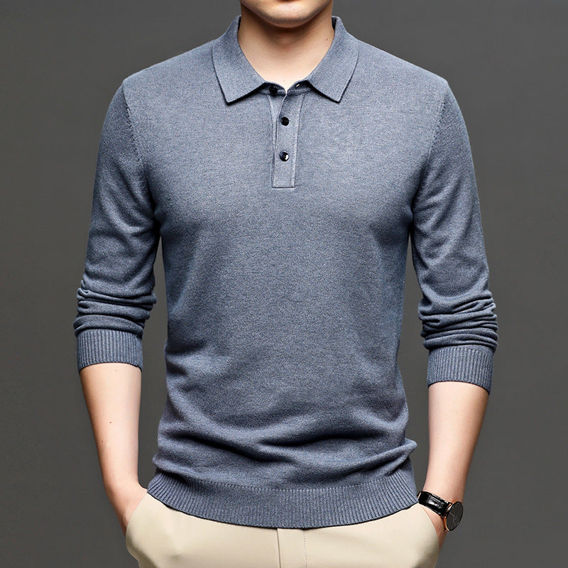 Middle-aged Casual Bottoming Shirt New Solid Color Basic Loose Pullover Sweater Men's Thin Lapel Sweater