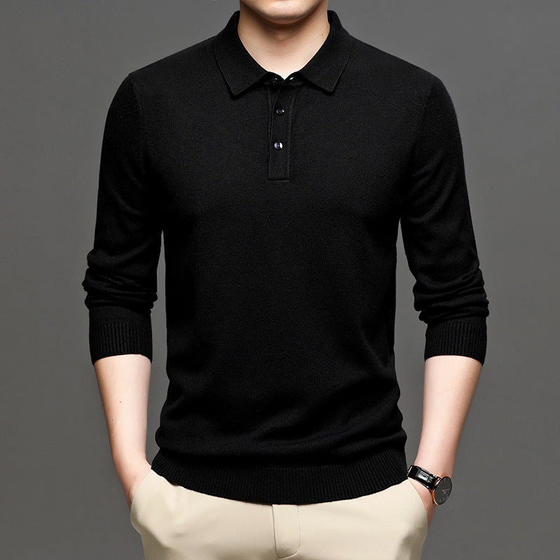Middle-aged Casual Bottoming Shirt New Solid Color Basic Loose Pullover Sweater Men's Thin Lapel Sweater