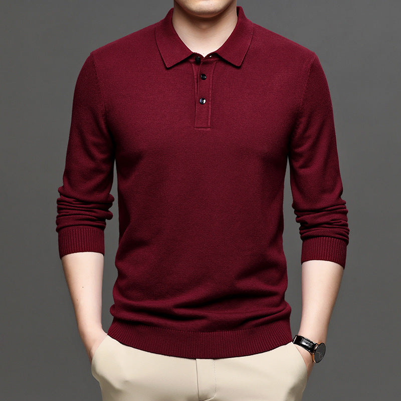Middle-aged Casual Bottoming Shirt New Solid Color Basic Loose Pullover Sweater Men's Thin Lapel Sweater
