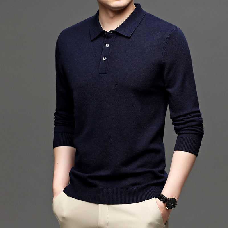 Middle-aged Casual Bottoming Shirt New Solid Color Basic Loose Pullover Sweater Men's Thin Lapel Sweater