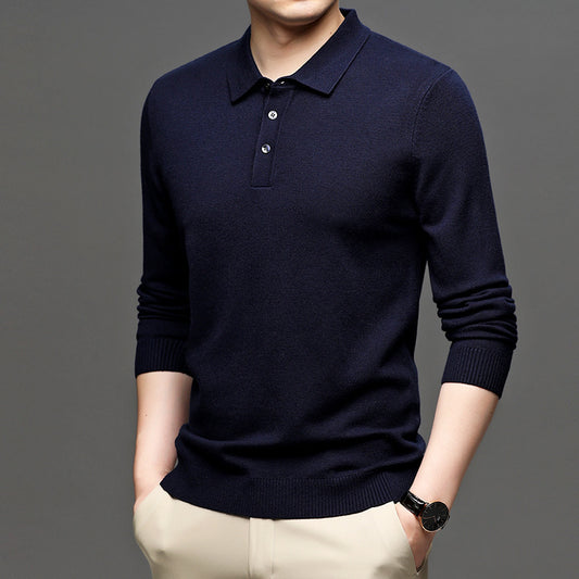 Middle-aged Casual Bottoming Shirt New Solid Color Basic Loose Pullover Sweater Men's Thin Lapel Sweater