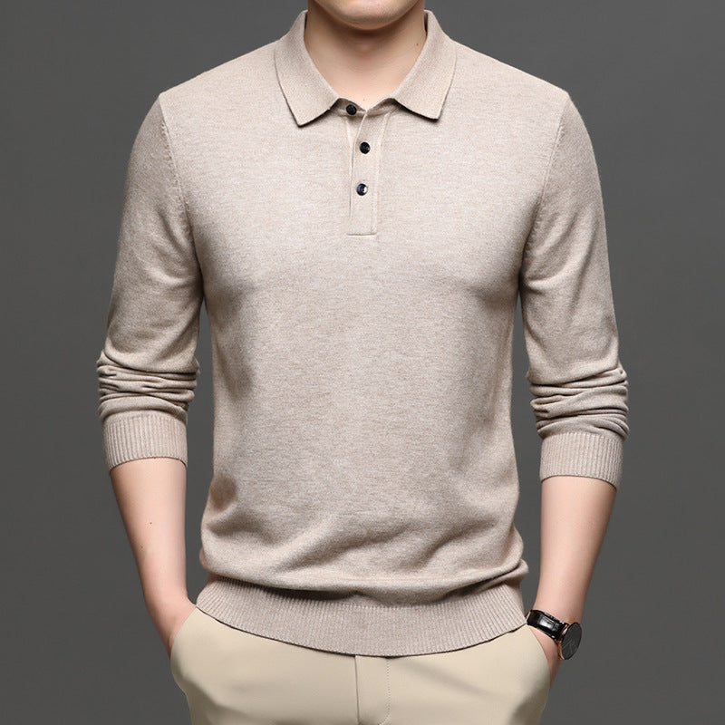 Middle-aged Casual Bottoming Shirt New Solid Color Basic Loose Pullover Sweater Men's Thin Lapel Sweater