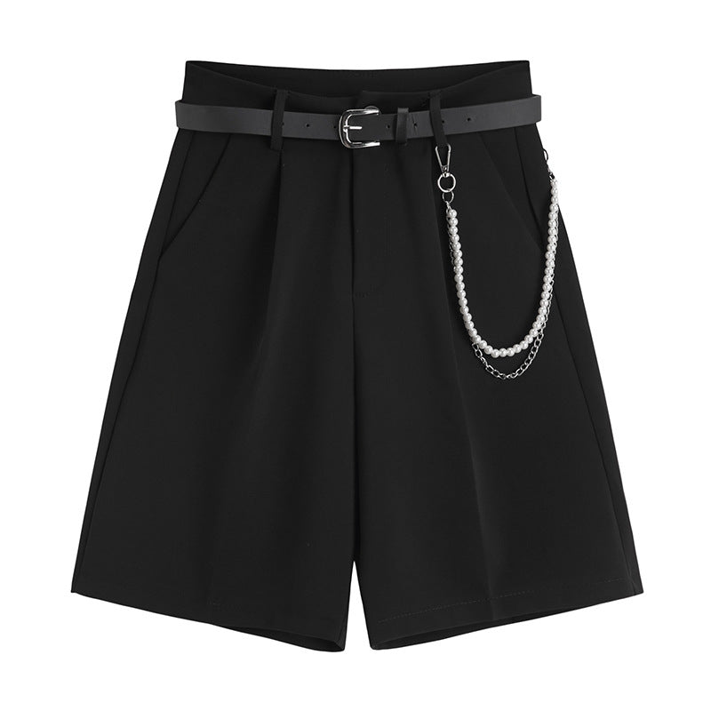 Women's Suit Shorts Summer Loose Wide-Leg Five-Point Pants Hong Kong Style Temperament Casual Pants With Waist Chain