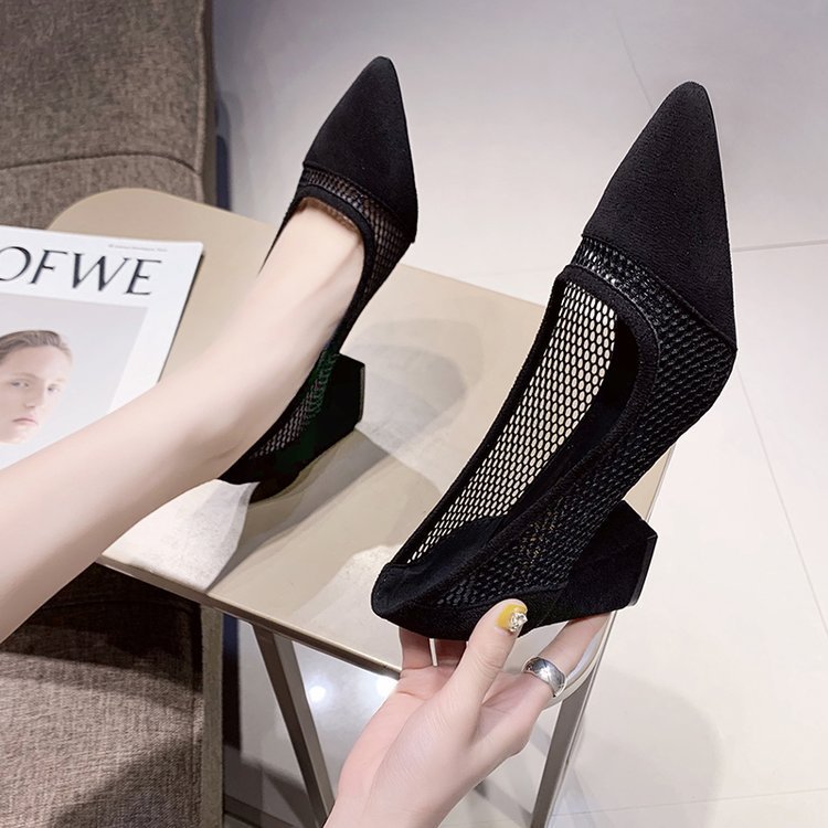 Hollow Thick Heel Net Yarn Pointed Thick Heel Single Shoes Women