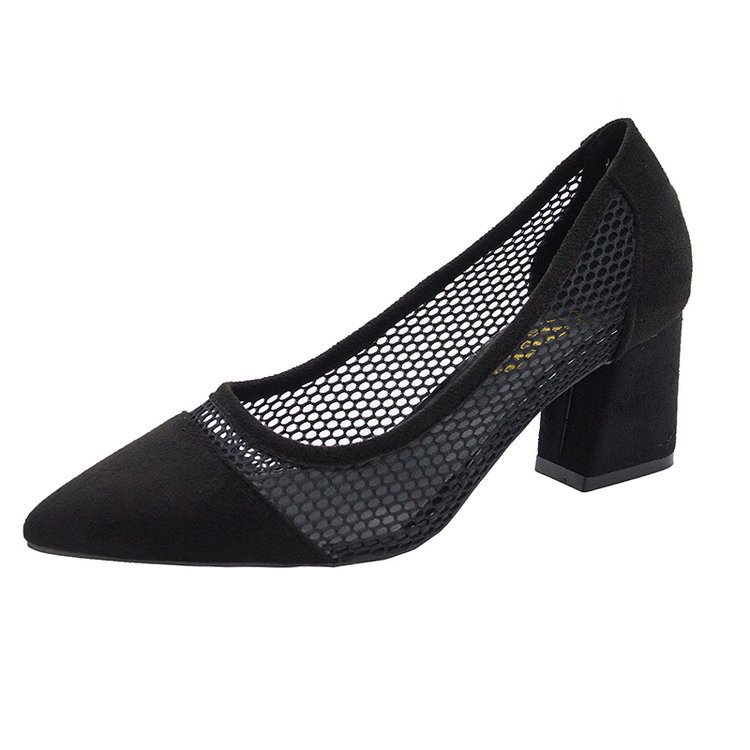Hollow Thick Heel Net Yarn Pointed Thick Heel Single Shoes Women