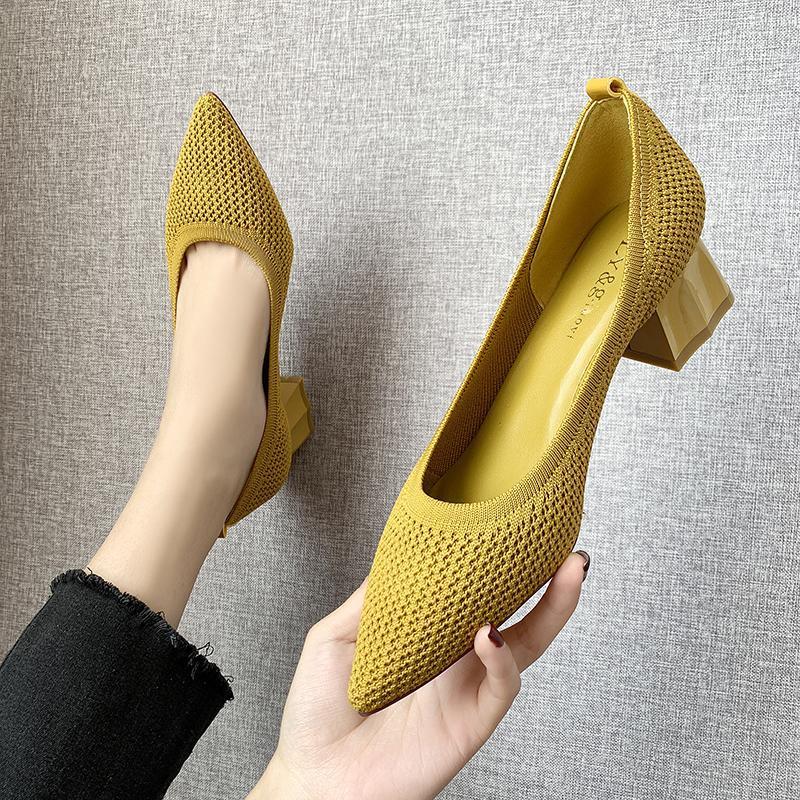 Women's Thick Heel Single Shoes Mid-heel All-match Pointed Toe Net Red Knitted French Girl High Heels