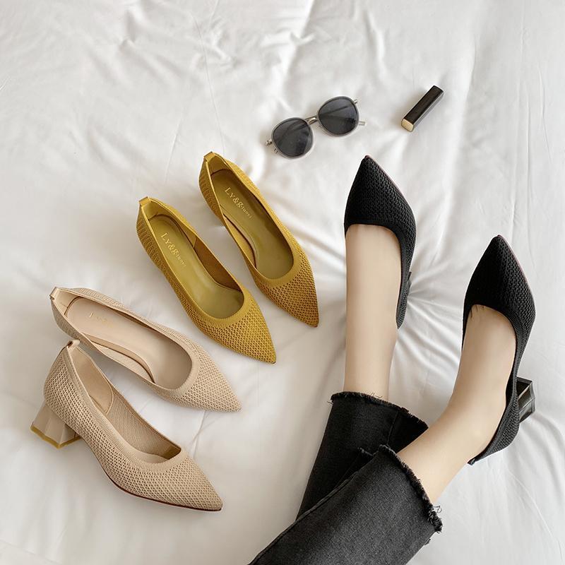 Women's Thick Heel Single Shoes Mid-heel All-match Pointed Toe Net Red Knitted French Girl High Heels