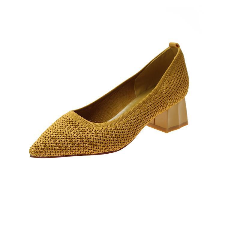 Women's Thick Heel Single Shoes Mid-heel All-match Pointed Toe Net Red Knitted French Girl High Heels
