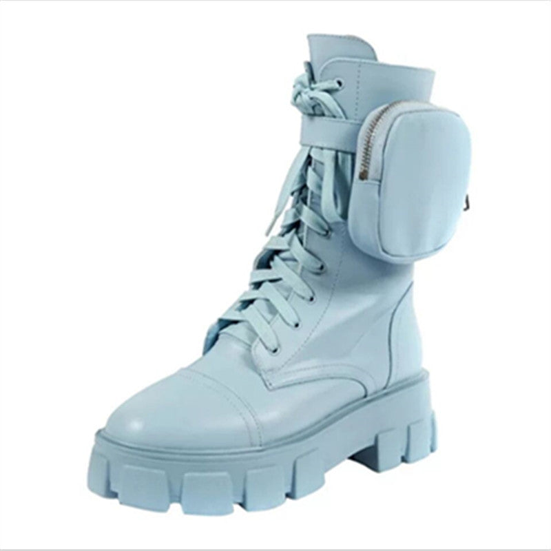 Women's European And American Round Toe Lace Up Thick-soled Large Size Short Boots Motorcycle Boots