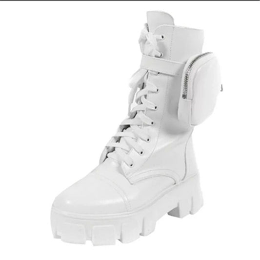 Women's European And American Round Toe Lace Up Thick-soled Large Size Short Boots Motorcycle Boots