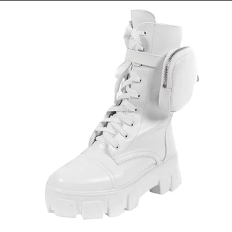 Women's European And American Round Toe Lace Up Thick-soled Large Size Short Boots Motorcycle Boots