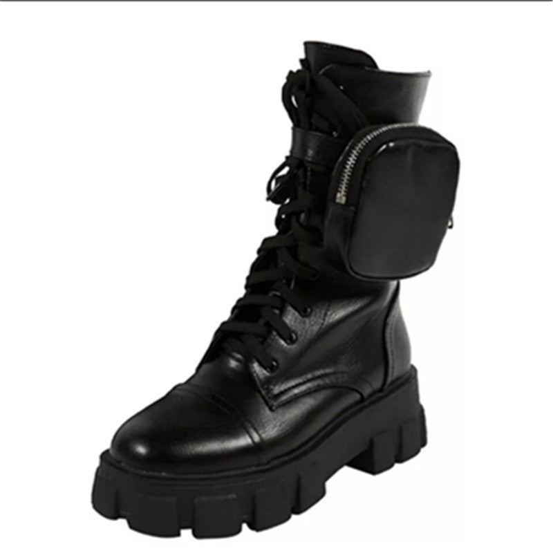 Women's European And American Round Toe Lace Up Thick-soled Large Size Short Boots Motorcycle Boots