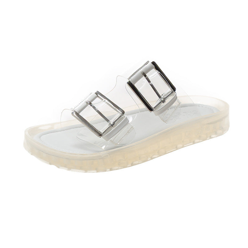 Flat Transparent Beach Slippers With One-word Buckle
