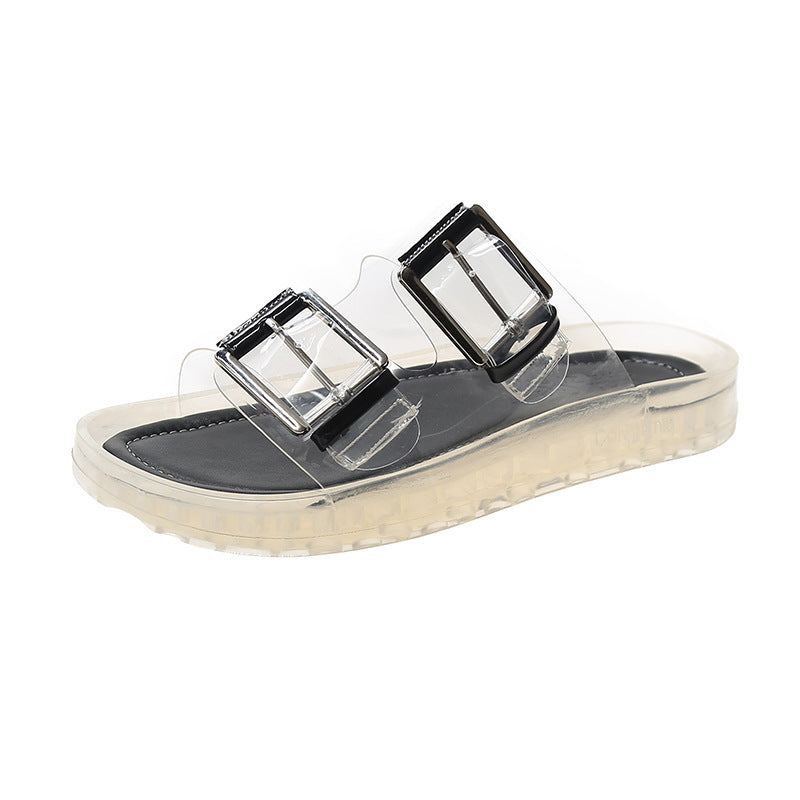 Flat Transparent Beach Slippers With One-word Buckle