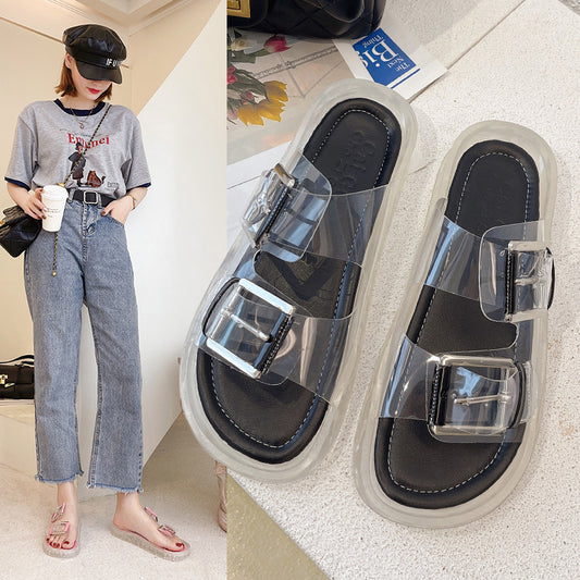 Flat Transparent Beach Slippers With One-word Buckle