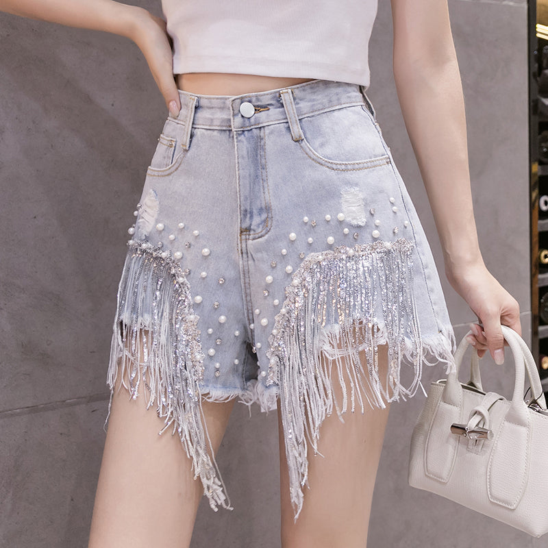 Diamond Fringed Denim Shorts Women's Summer Net Celebrity High-Waisted A-Line Wide-Leg Pants Wearing Casual Hot Pants