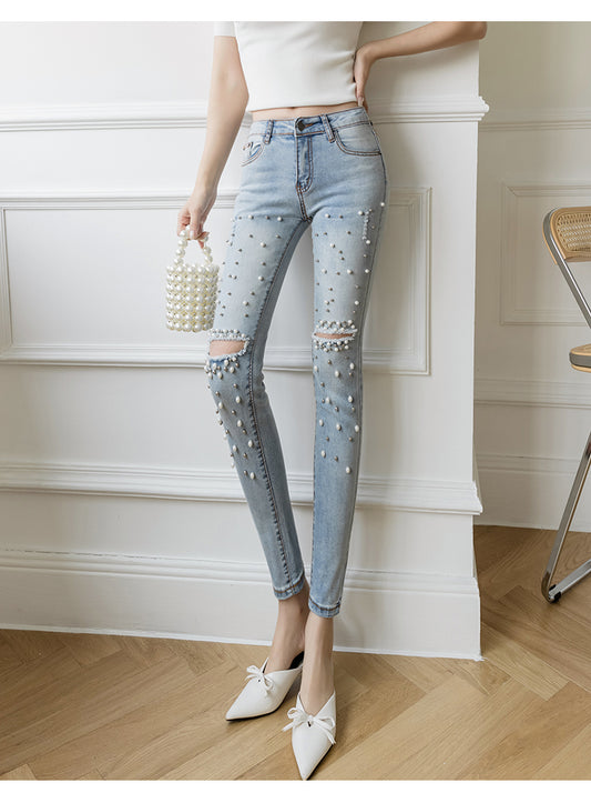 Light Color Retro Hole Beaded High Waist Cropped Pencil Pants