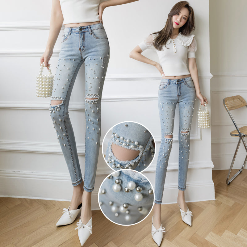 Light Color Retro Hole Beaded High Waist Cropped Pencil Pants