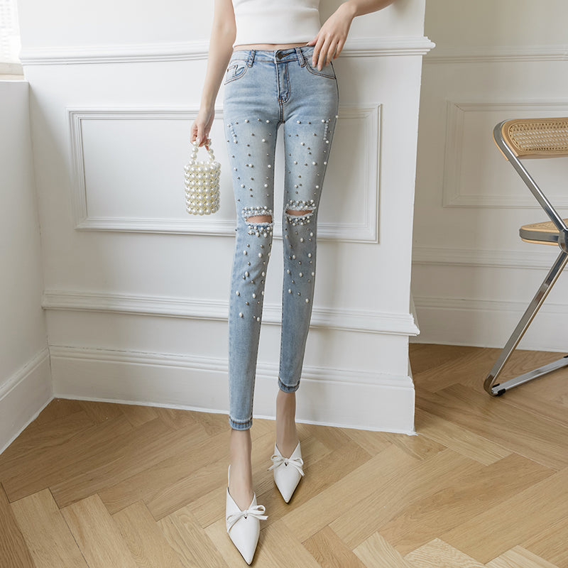 Light Color Retro Hole Beaded High Waist Cropped Pencil Pants