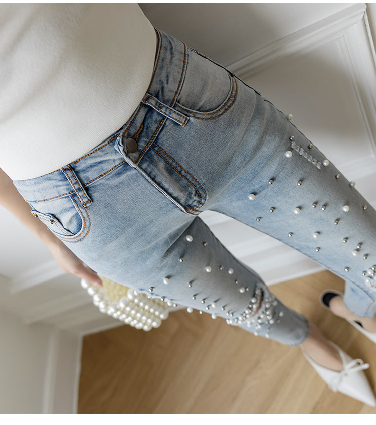 Light Color Retro Hole Beaded High Waist Cropped Pencil Pants