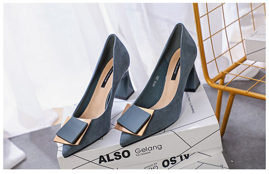 Net Celebrity Fairy Style Pointed Shallow Suede Square Buckle Professional Single Shoes Female OL Thick Heel High Heels