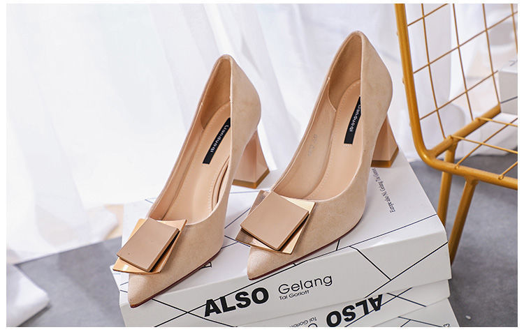 Net Celebrity Fairy Style Pointed Shallow Suede Square Buckle Professional Single Shoes Female OL Thick Heel High Heels