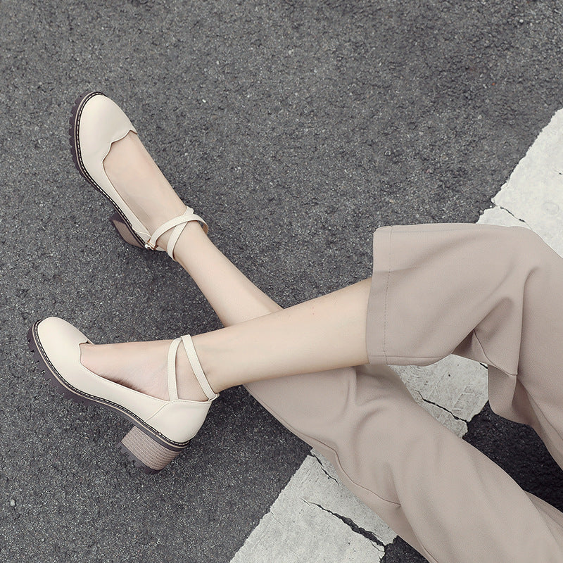 Shallow Mouth Spring And Autumn Shoes Ankle Cross Strap Slip-on Thick Heel Single Shoes