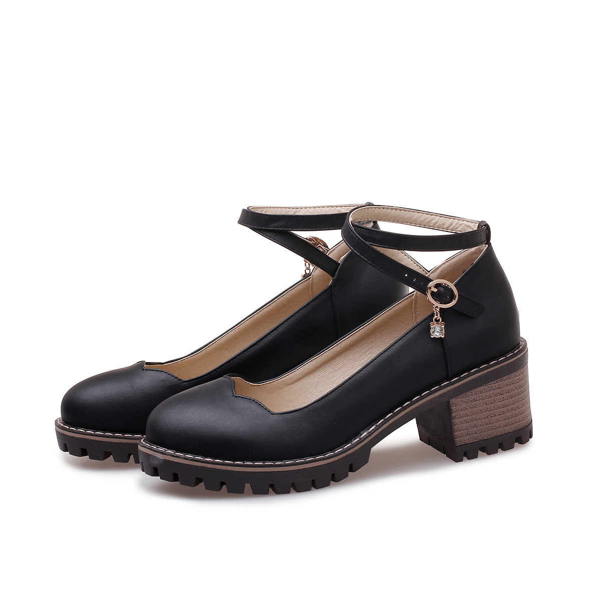 Shallow Mouth Spring And Autumn Shoes Ankle Cross Strap Slip-on Thick Heel Single Shoes