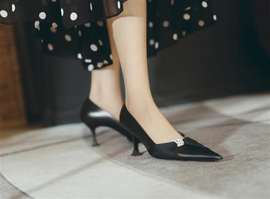 Pointed Toe Stiletto High Heels Leather Pearl Korean Style Simple Single Shoes Women