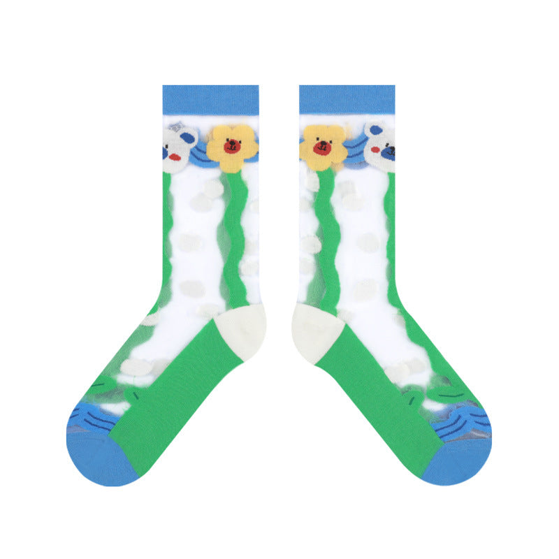 Thin Transparent Glass Fiber Breathable Cartoon Cute Ins Tide College Girl Socks Female Tube Socks