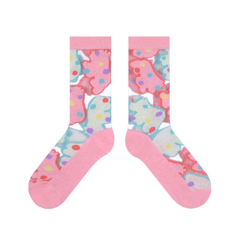 Thin Transparent Glass Fiber Breathable Cartoon Cute Ins Tide College Girl Socks Female Tube Socks