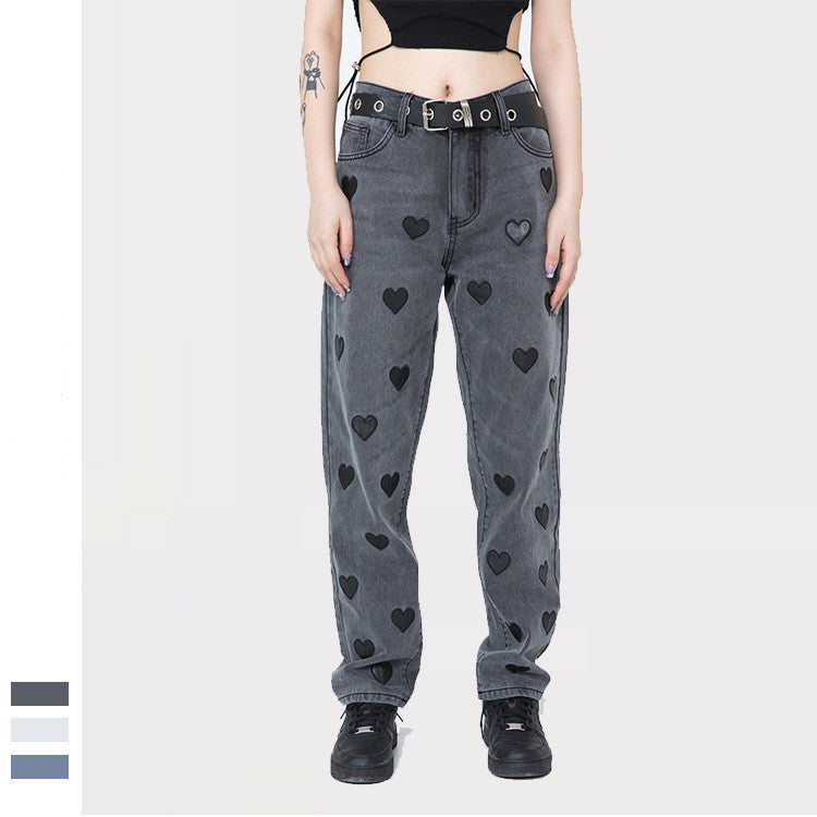 Love Embroidered Patch Loose Straight Center Men's And Women's Casual Pants