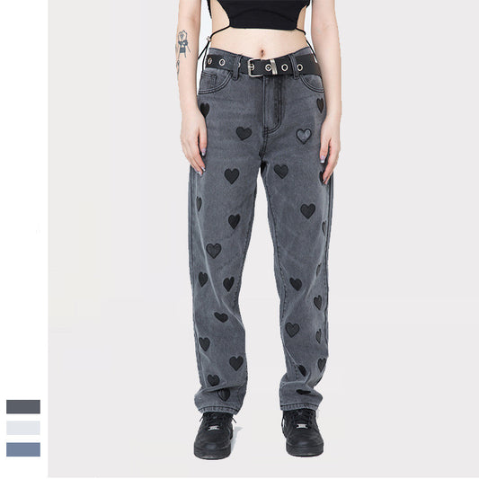 Love Embroidered Patch Loose Straight Center Men's And Women's Casual Pants