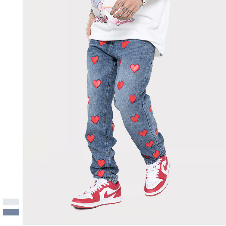 Love Embroidered Patch Loose Straight Center Men's And Women's Casual Pants