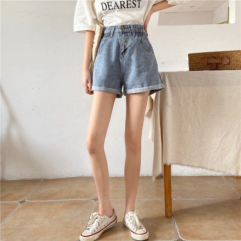 Denim Shorts Women's Trousers Wide-leg Pants Loose Straight-leg Curled A-line Pants