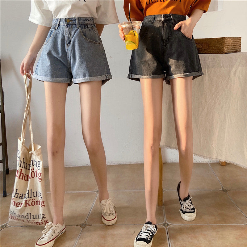 Denim Shorts Women's Trousers Wide-leg Pants Loose Straight-leg Curled A-line Pants