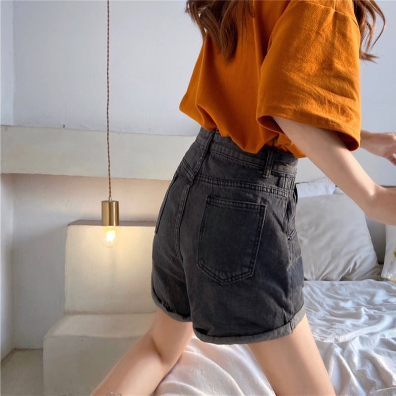 Denim Shorts Women's Trousers Wide-leg Pants Loose Straight-leg Curled A-line Pants