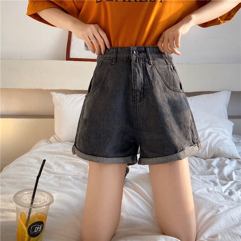 Denim Shorts Women's Trousers Wide-leg Pants Loose Straight-leg Curled A-line Pants