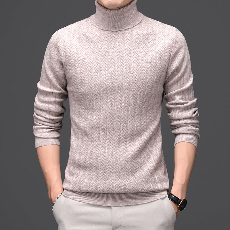 Pure Wool Mens High Neck Warm Sweater Thick Striped Pullover Sweater
