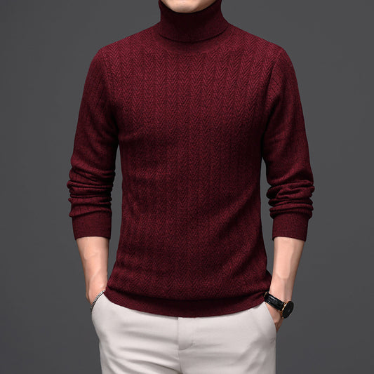Pure Wool Mens High Neck Warm Sweater Thick Striped Pullover Sweater