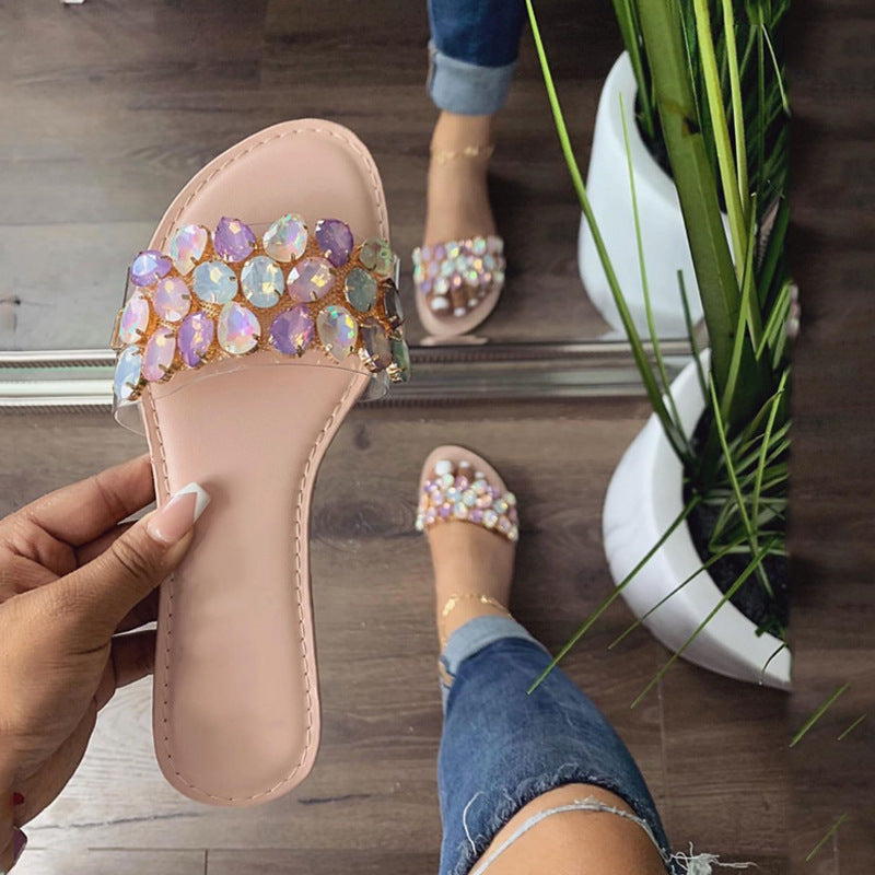 Fashion Rhinestone Flat-bottomed Women's Slippers