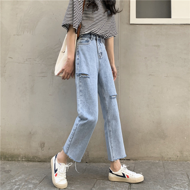 Women's Nine-point Raw Edge Light-colored Ripped Jeans