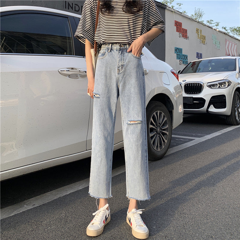 Women's Nine-point Raw Edge Light-colored Ripped Jeans
