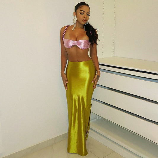 Summer European And American Draping Satin Multicolor Mid-length High Waist Sheath Skirt