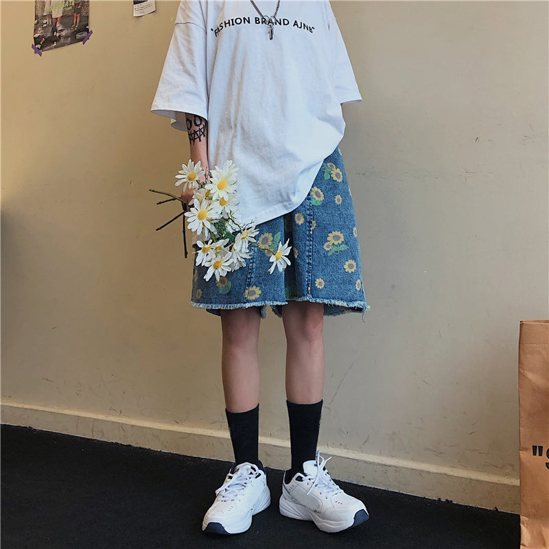 Little Daisy Printed Slim Five-Point Wide Leg Pants