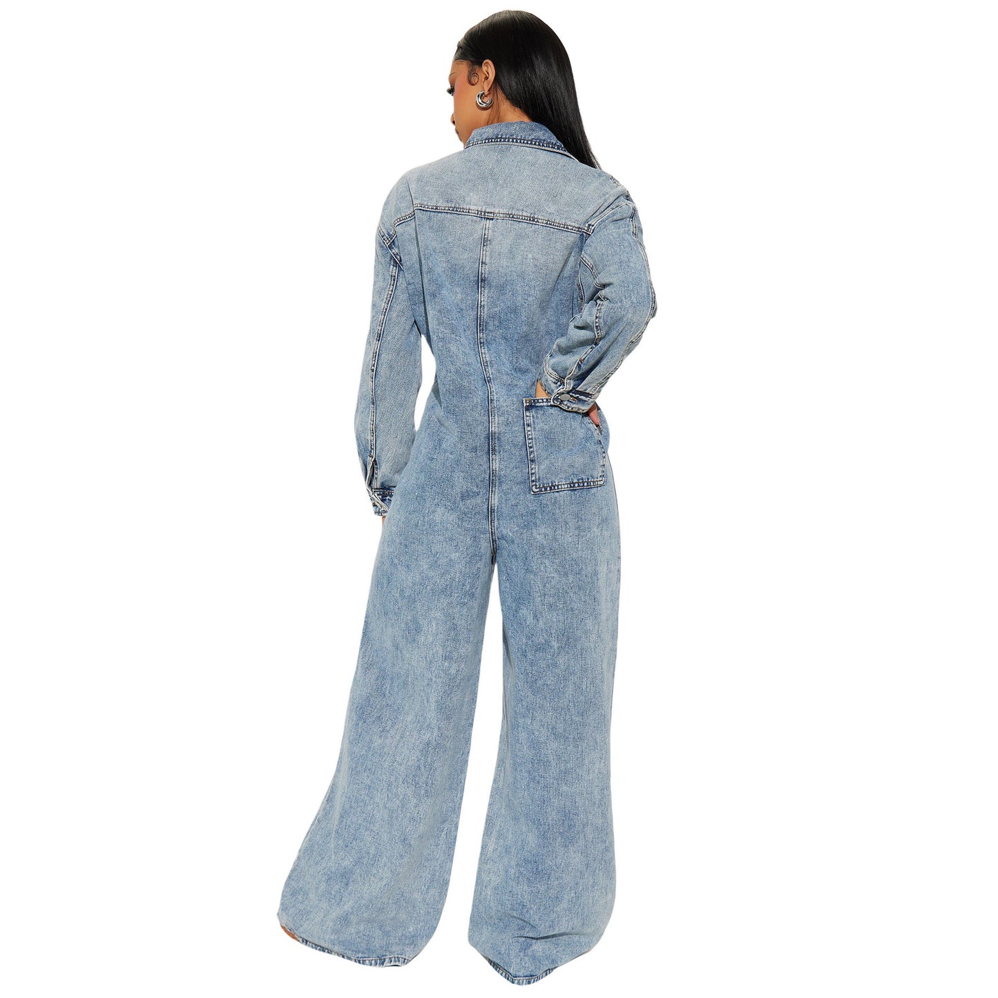 Stretchy Flared-leg Washed Denim Jumpsuit With Long Sleeves